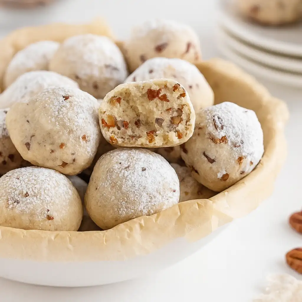 Christmas buttery pecan snowball cookies dusted with powdered sugar
