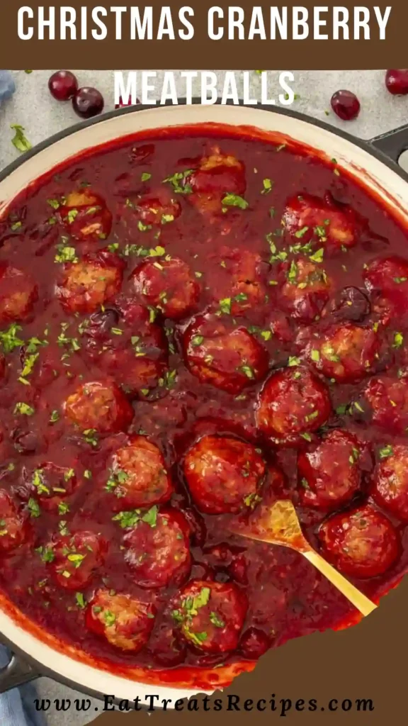 Festive Christmas cranberry meatballs coated in sweet-tangy glaze
