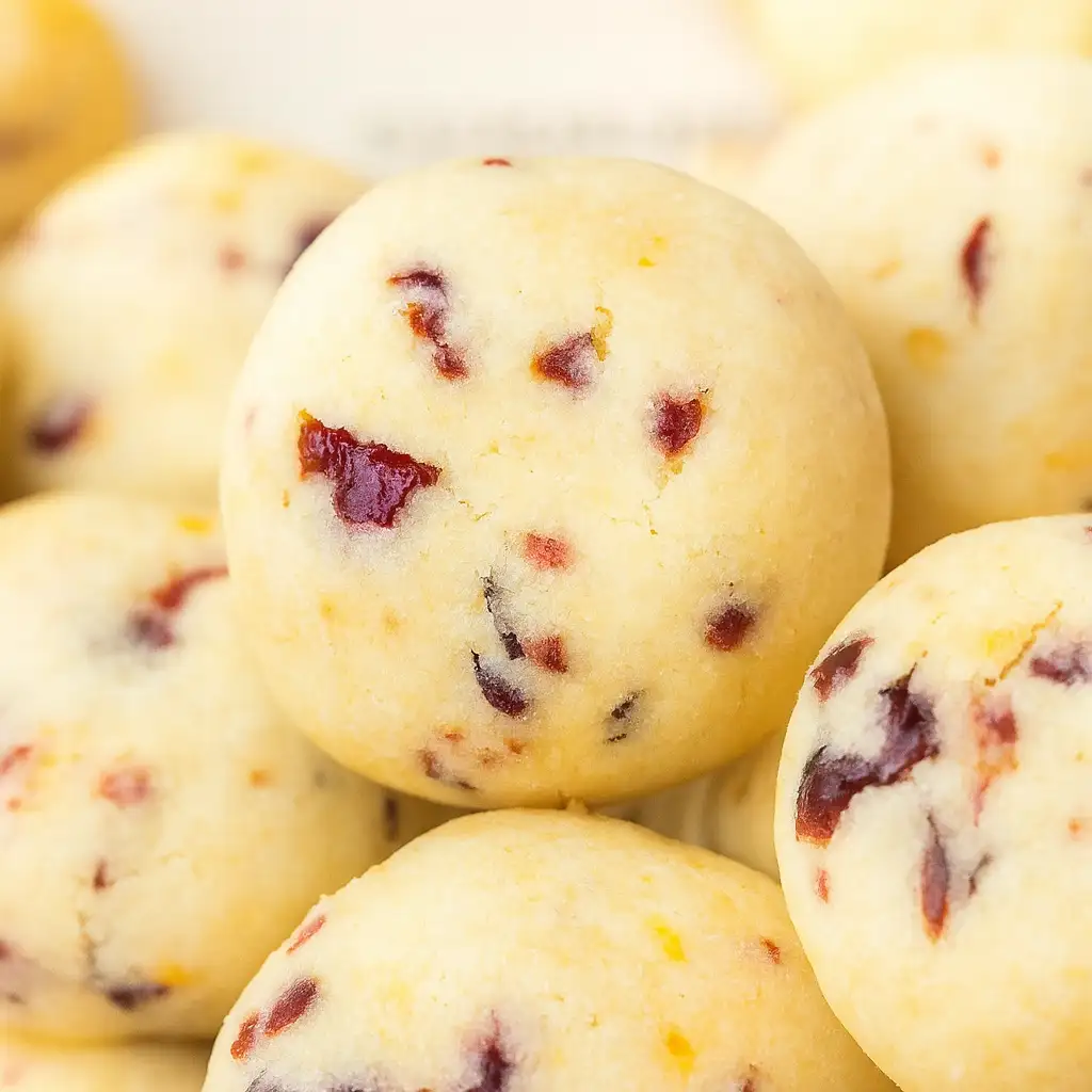 Christmas cranberry orange sandies balls on white marble