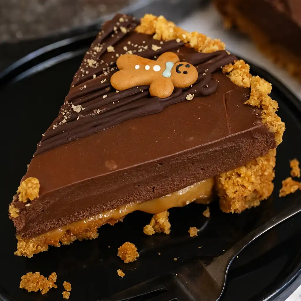 Christmas gingerbread chocolate tart with glossy ganache on white marble