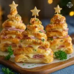 Christmas ham and cheese puff pastry trees arranged on white marble
