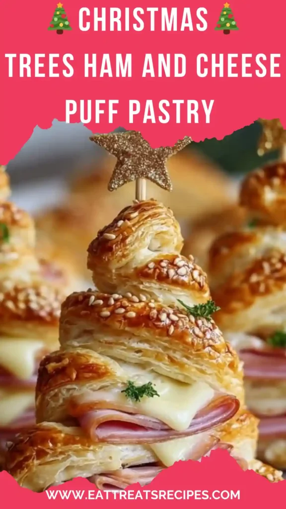 Christmas ham and cheese puff pastry trees arranged on white marble