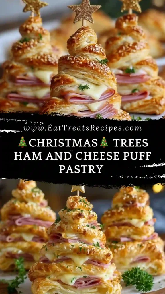 Christmas ham and cheese puff pastry trees arranged on white marble
