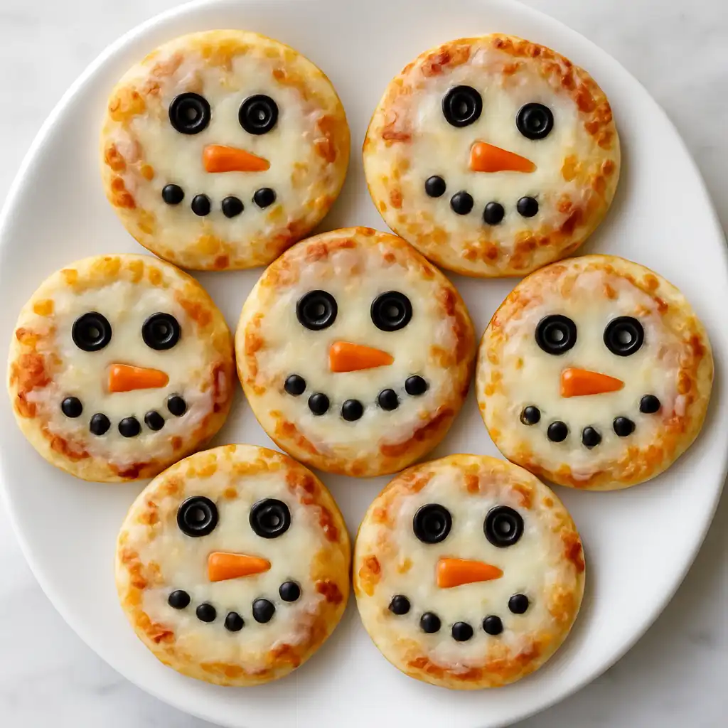 Christmas mini snowman pizzas on white marble with festive décor.