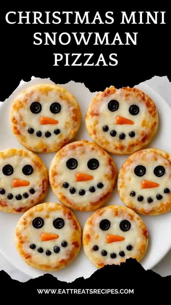 Christmas mini snowman pizzas on white marble with festive décor.
