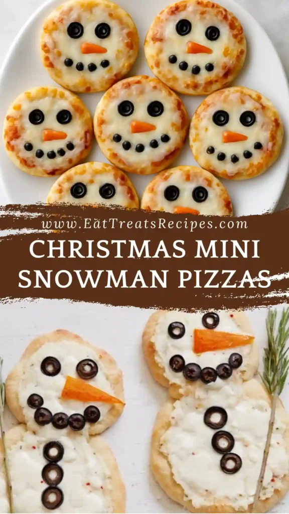 Christmas mini snowman pizzas on white marble with festive décor.