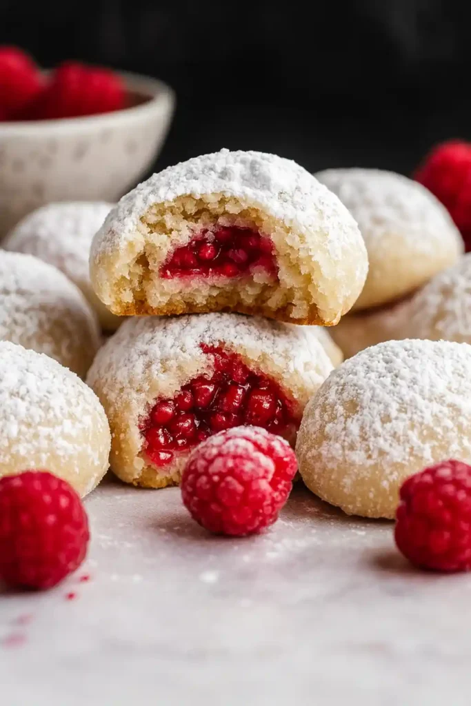 Christmas Raspberry Almond Snowball Cookies with raspberry filling and powdered sugar