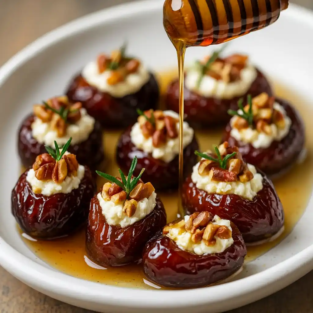 Christmas roasted stuffed dates arranged on a white marble platter