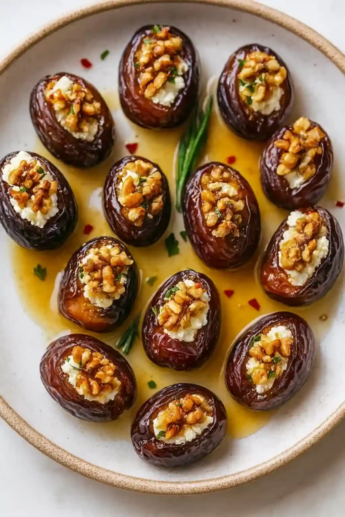 Christmas roasted stuffed dates arranged on a white marble platter