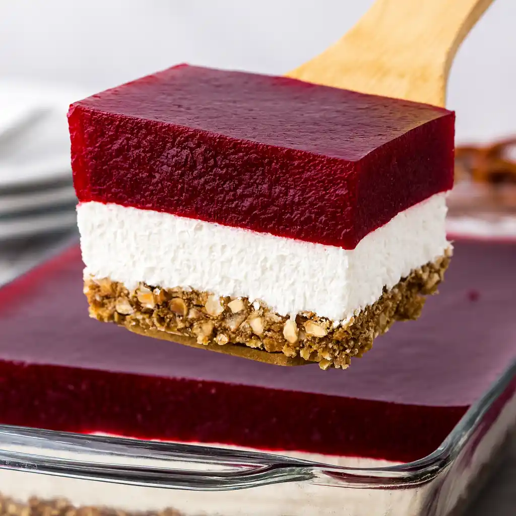 Christmas sweet and salty cranberry pretzel salad slice on white marble