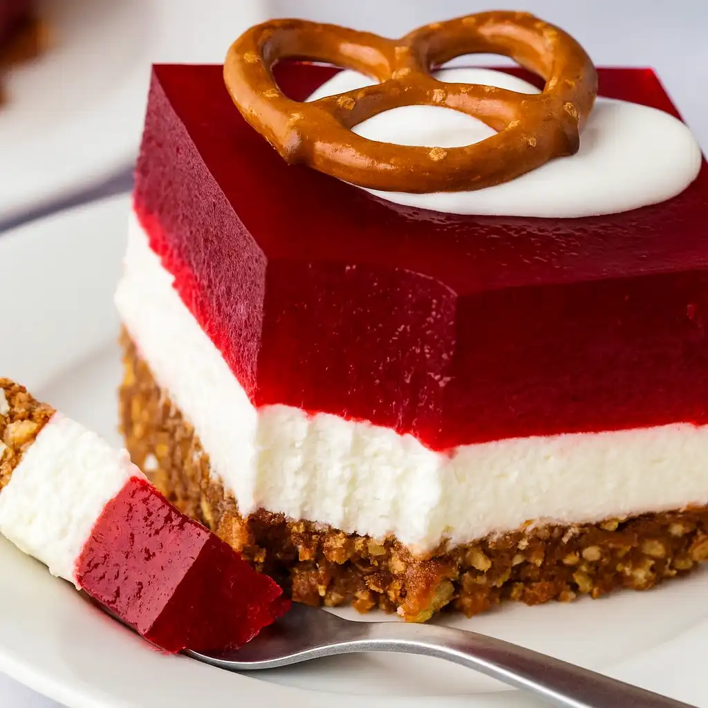 Christmas sweet and salty cranberry pretzel salad slice on white marble