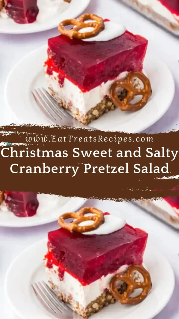 Christmas sweet and salty cranberry pretzel salad slice on white marble