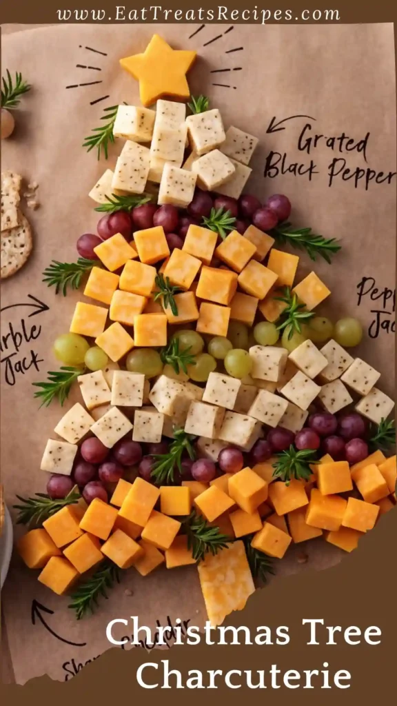 Christmas tree charcuterie board with cheese cubes and grapes