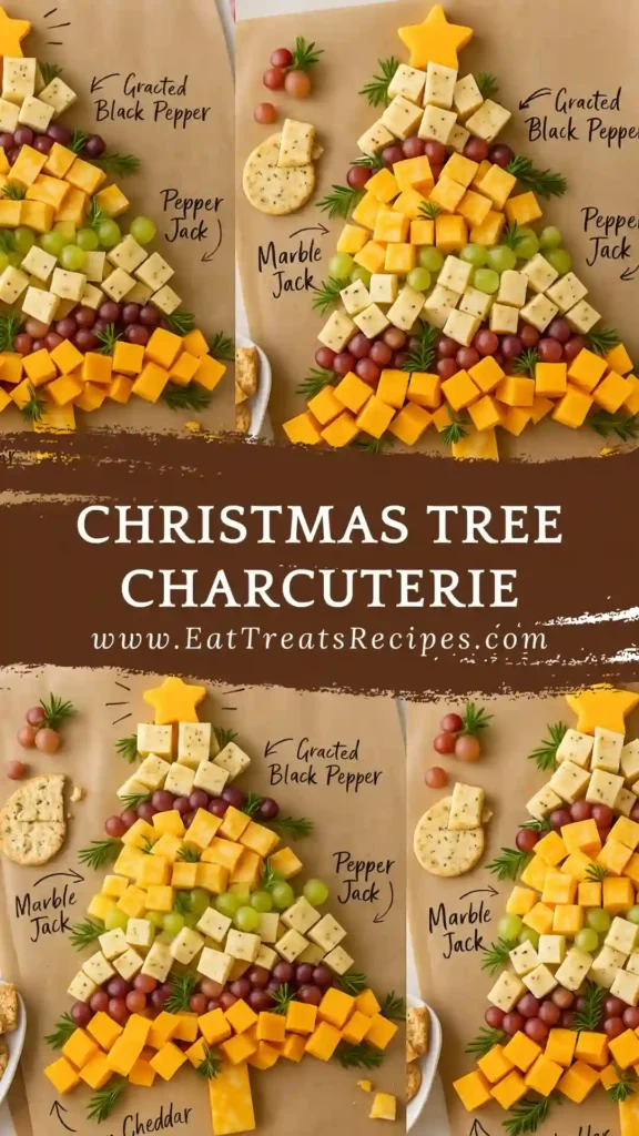 Christmas tree charcuterie board with cheese cubes and grapes