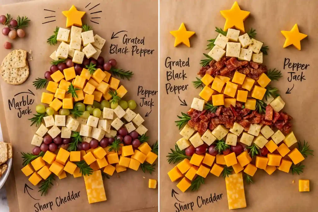 Christmas tree charcuterie board with cheese cubes and grapes