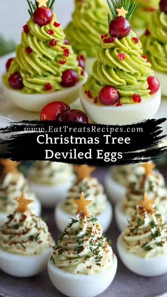 Christmas tree deviled eggs holiday party appetizer on white marble platter
