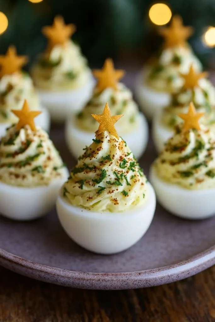 Christmas tree deviled eggs holiday party appetizer on white marble platter
