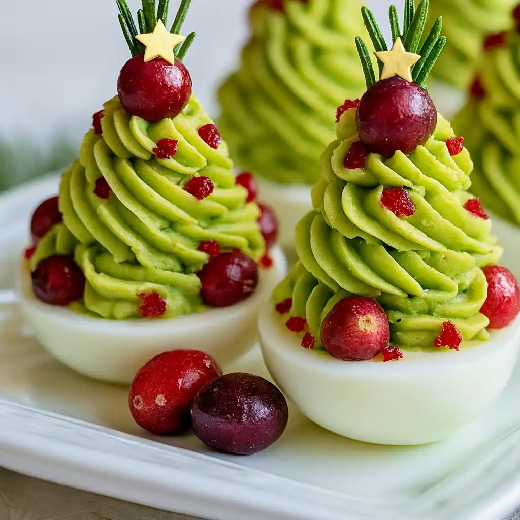 Christmas tree deviled eggs holiday party appetizer on white marble platter