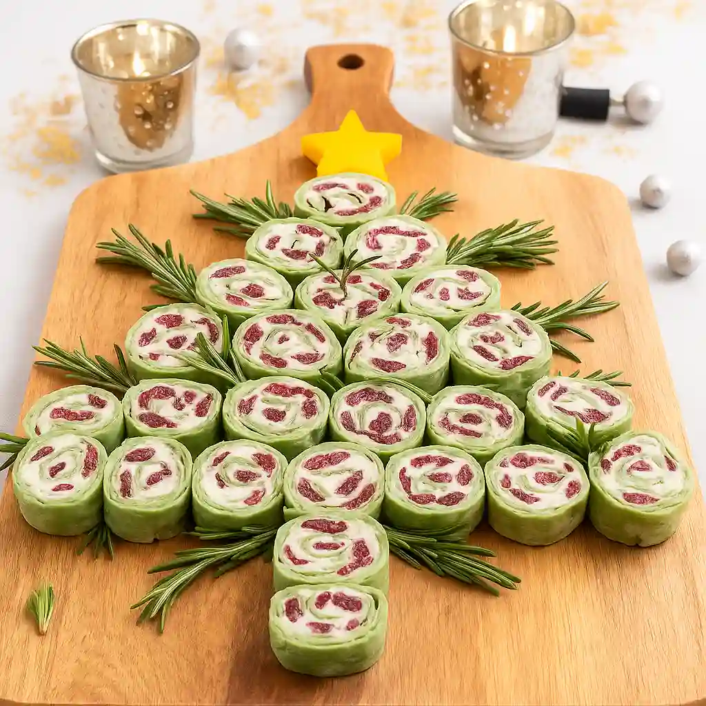 Christmas tree pinwheels cranberry and feta holiday appetizer on white marble