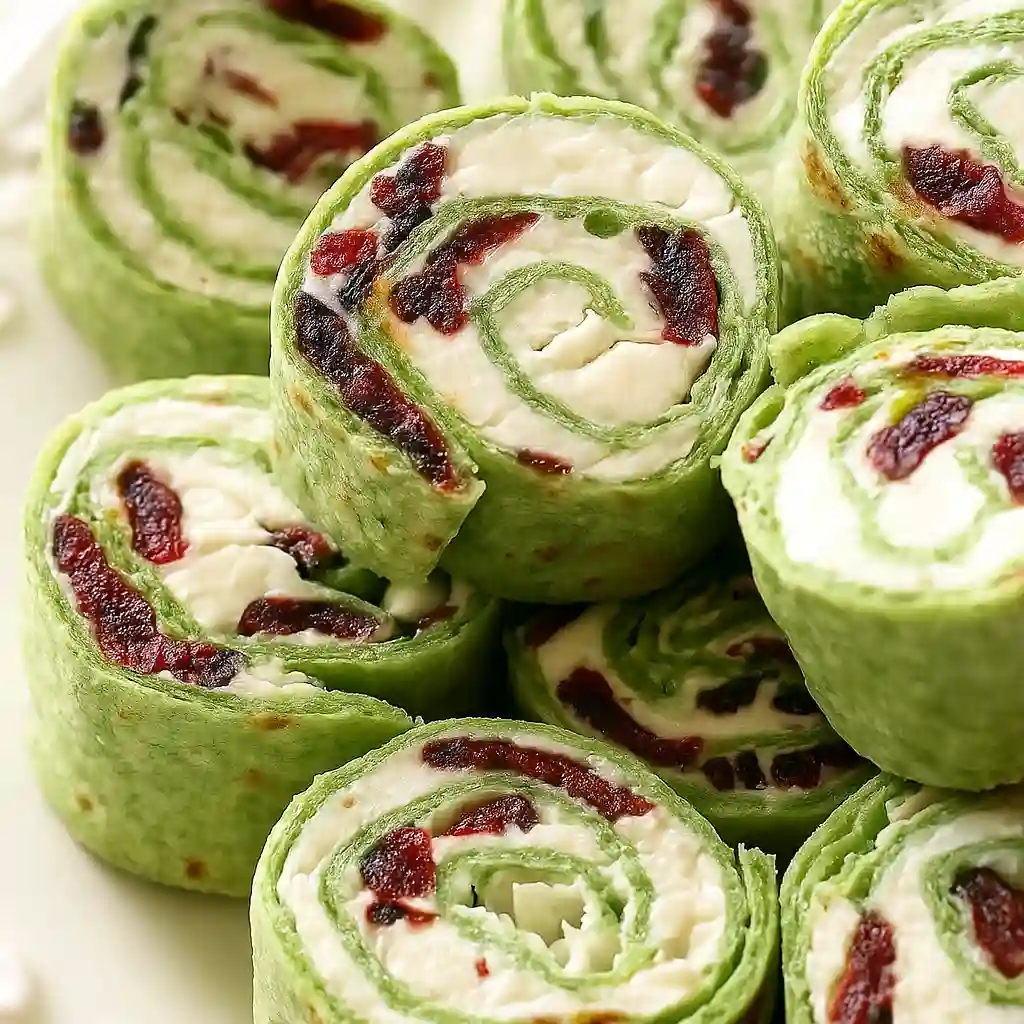 Christmas tree pinwheels cranberry and feta holiday appetizer on white marble