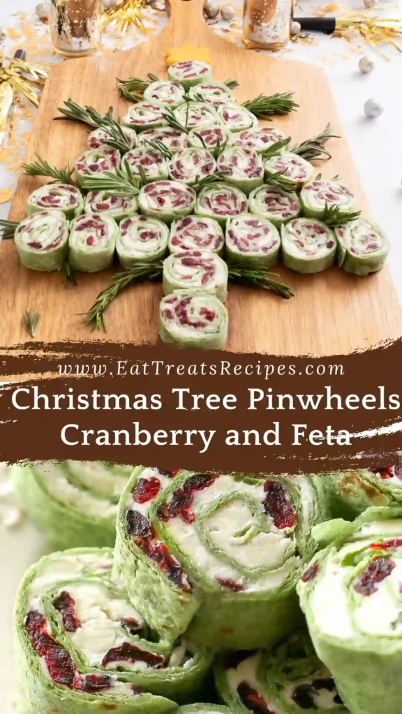 Christmas tree pinwheels cranberry and feta holiday appetizer on white marble