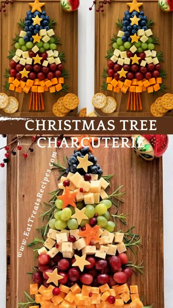 Christmas tree shaped charcuterie board with cheese cubes and fruit