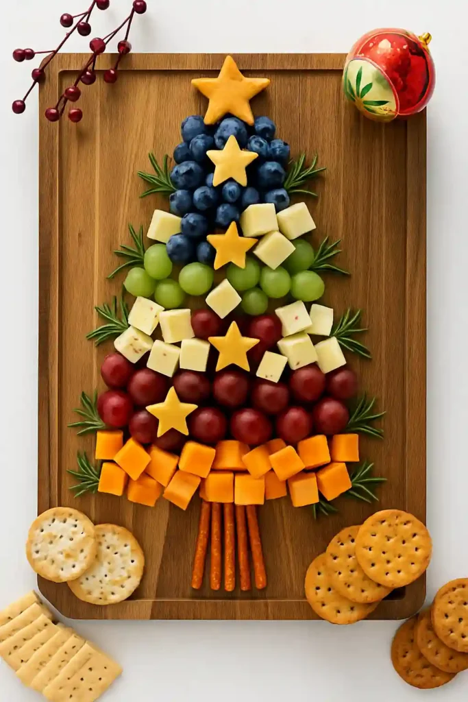 Christmas tree shaped charcuterie board with cheese cubes and fruit
