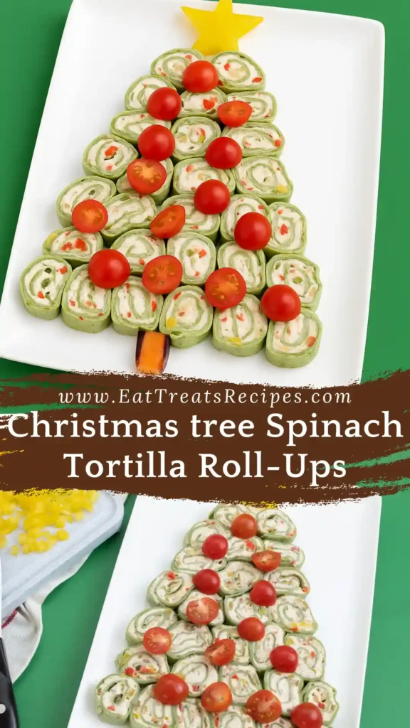 Christmas tree spinach tortilla roll-ups arranged on white marble