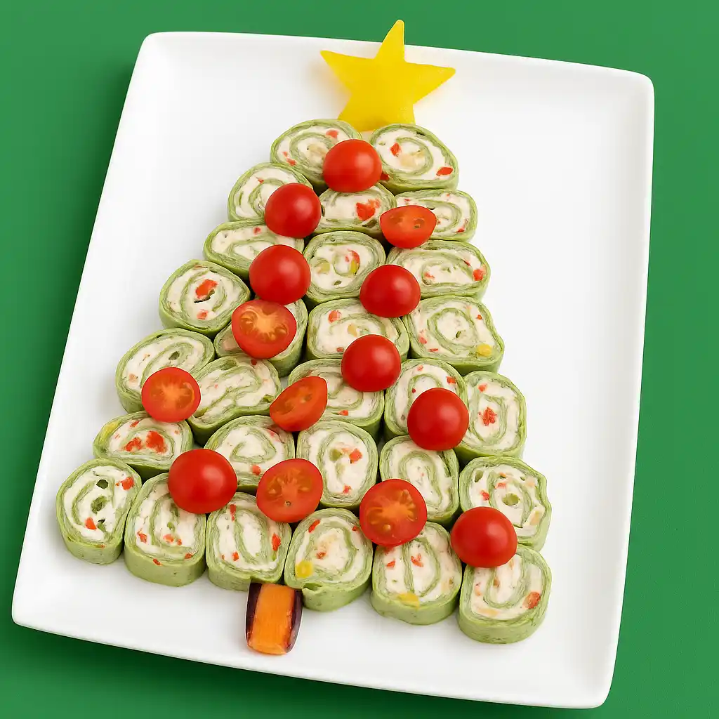 Christmas tree spinach tortilla roll-ups arranged on white marble