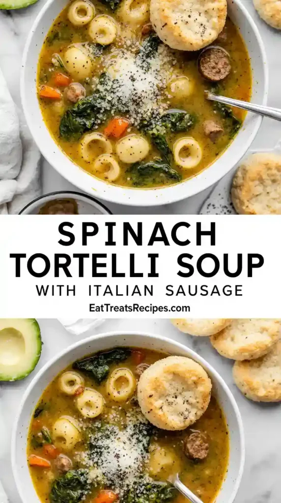 Cozy table with bowls of creamy chicken tortellini soup and golden Pillsbury Grands Biscuits