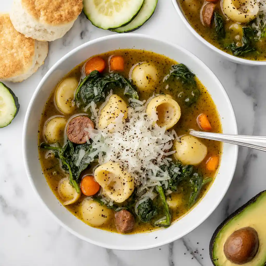 Cozy fall dinner table with spinach tortellini soup and golden Pillsbury Grands Biscuits