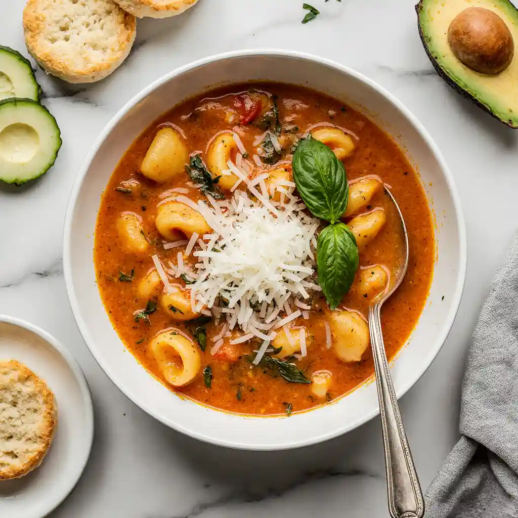 Close-up of cheese tortellini coated in creamy tomato sauce
