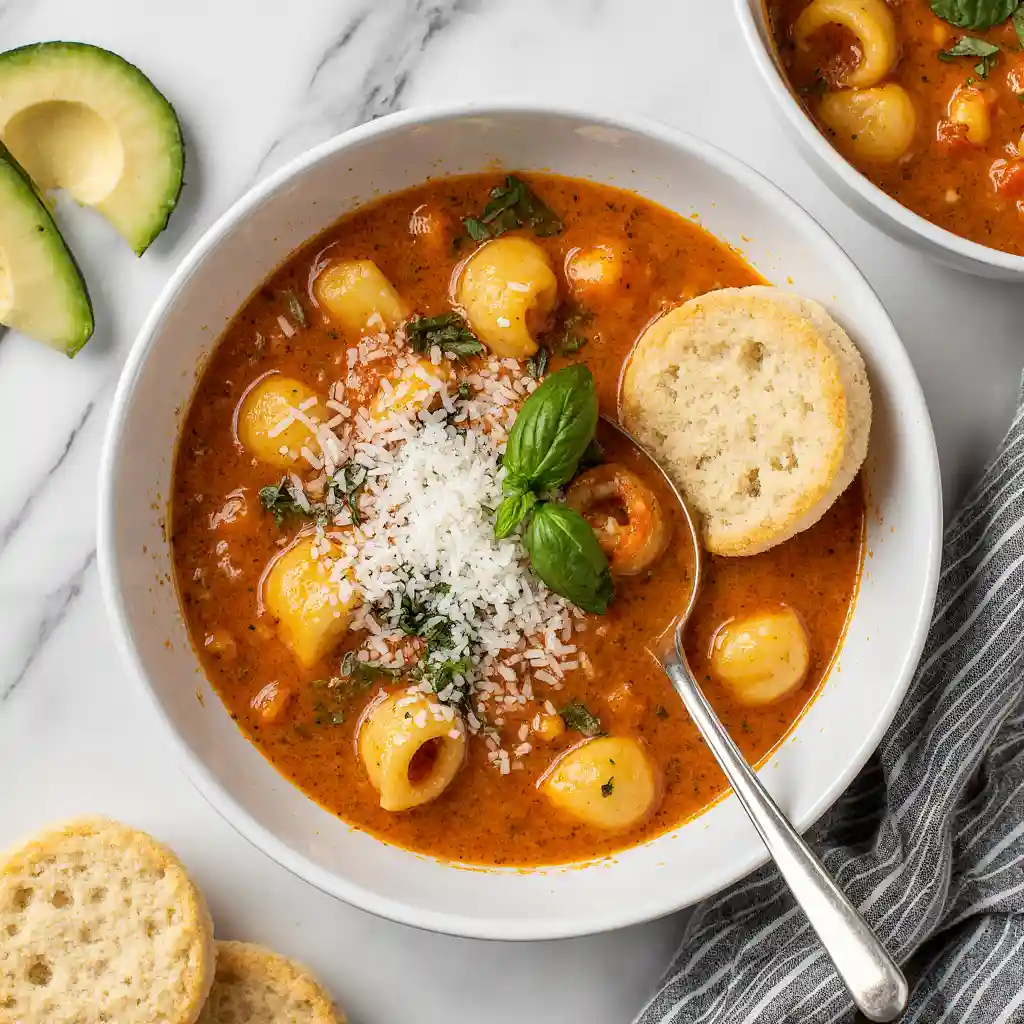 Cozy bowl of easy Crockpot creamy tomato tortellini soup on white marble