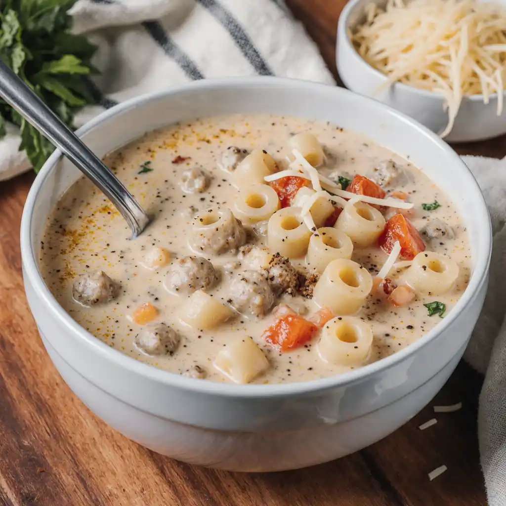 Meal-prep containers of creamy sausage ditalini soup