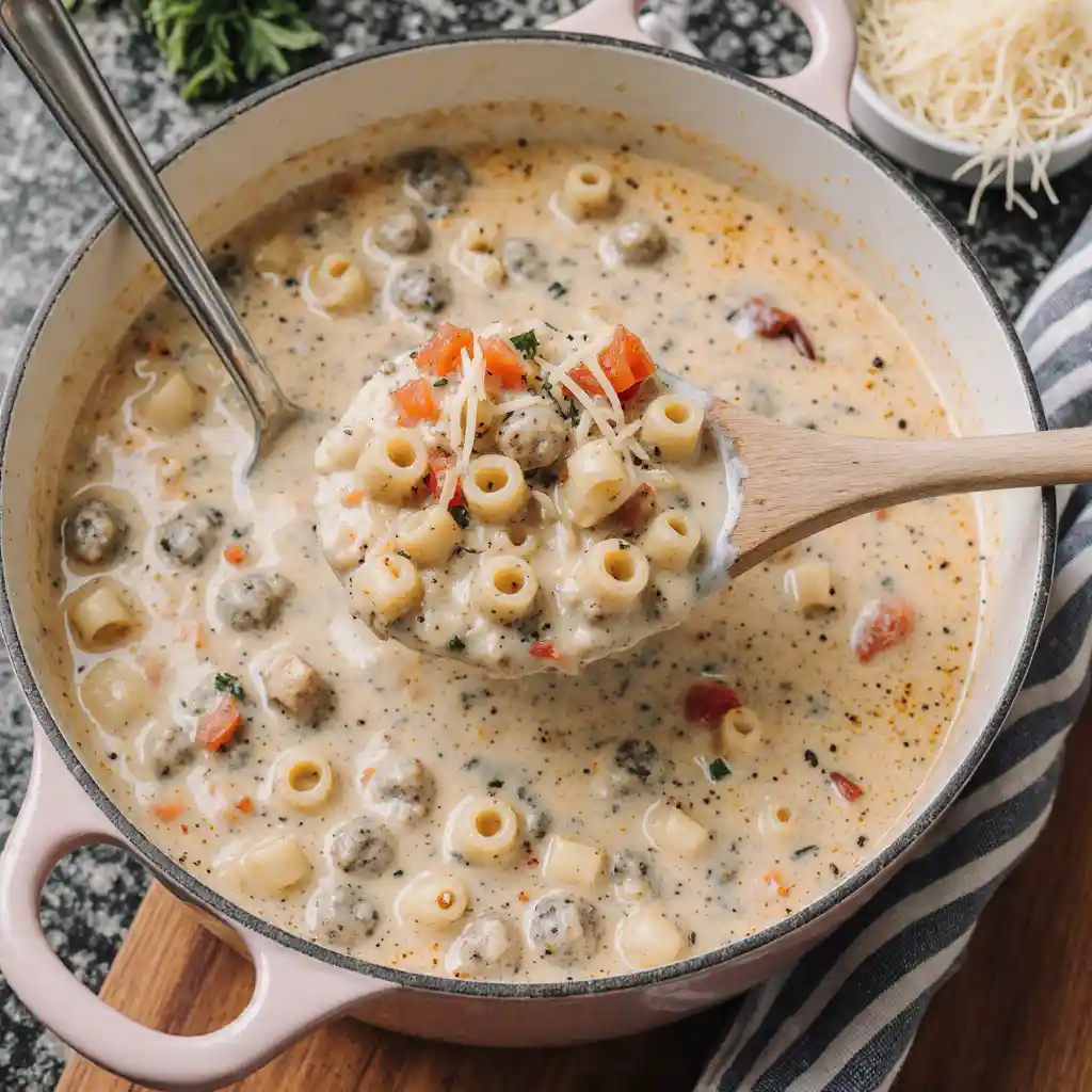 Pot of creamy Parmesan Italian sausage ditalini soup simmering