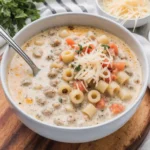 Creamy Parmesan Italian Sausage Ditalini Soup served in white bowl