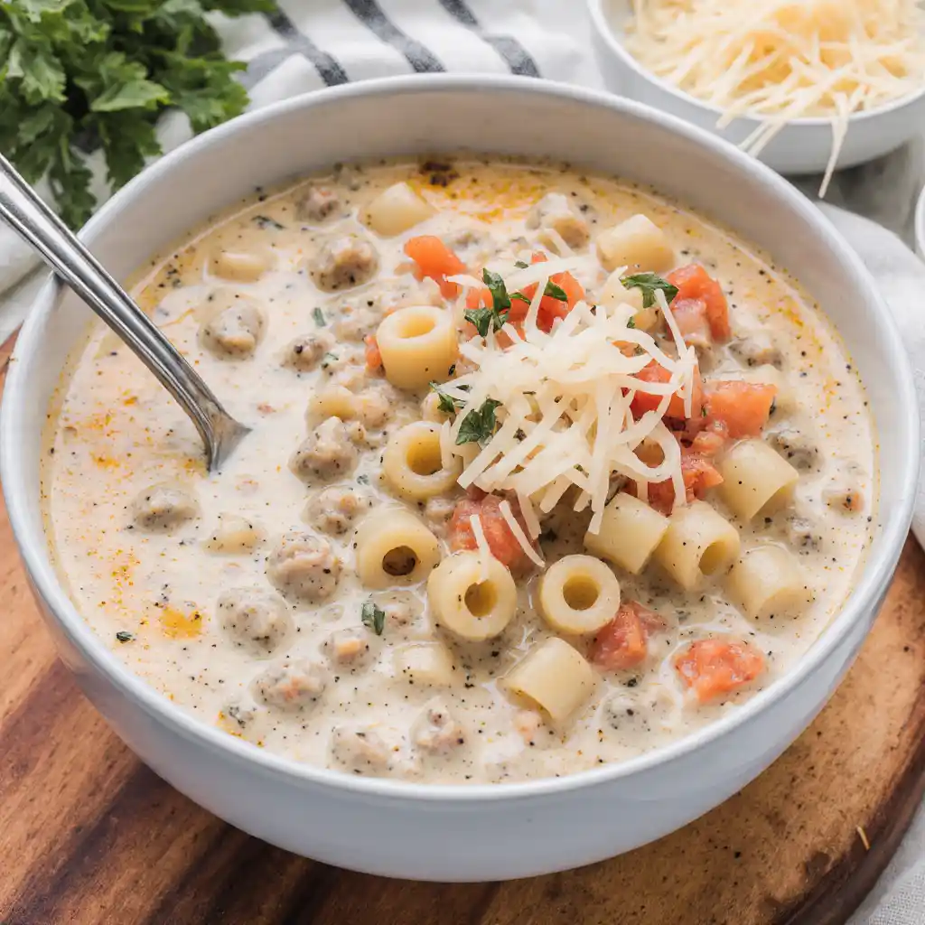 Creamy Parmesan Italian Sausage Ditalini Soup served in white bowl