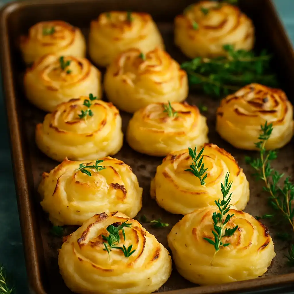Duchess potatoes for Christmas and Thanksgiving served golden and piped