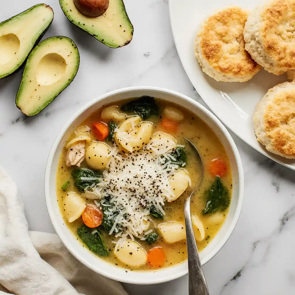 Cozy table with bowls of creamy chicken tortellini soup and golden Pillsbury Grands Biscuits