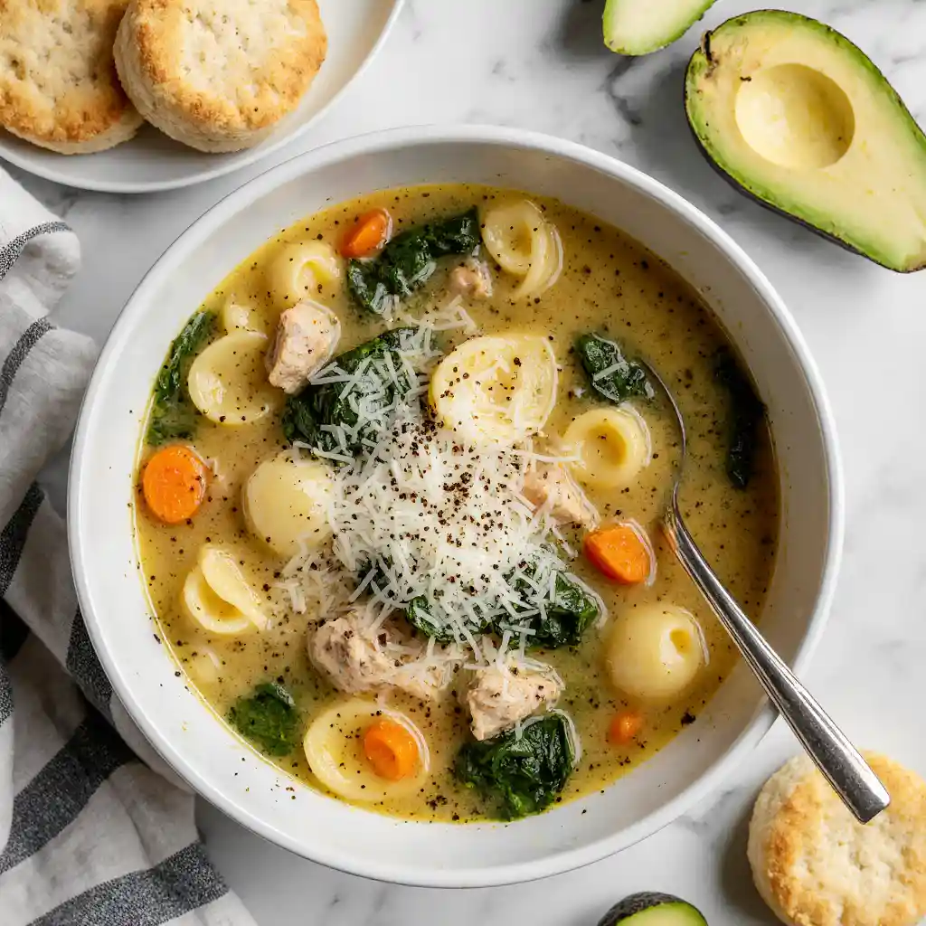 Cozy bowl of chicken spinach tortellini soup with creamy broth and Parmesan