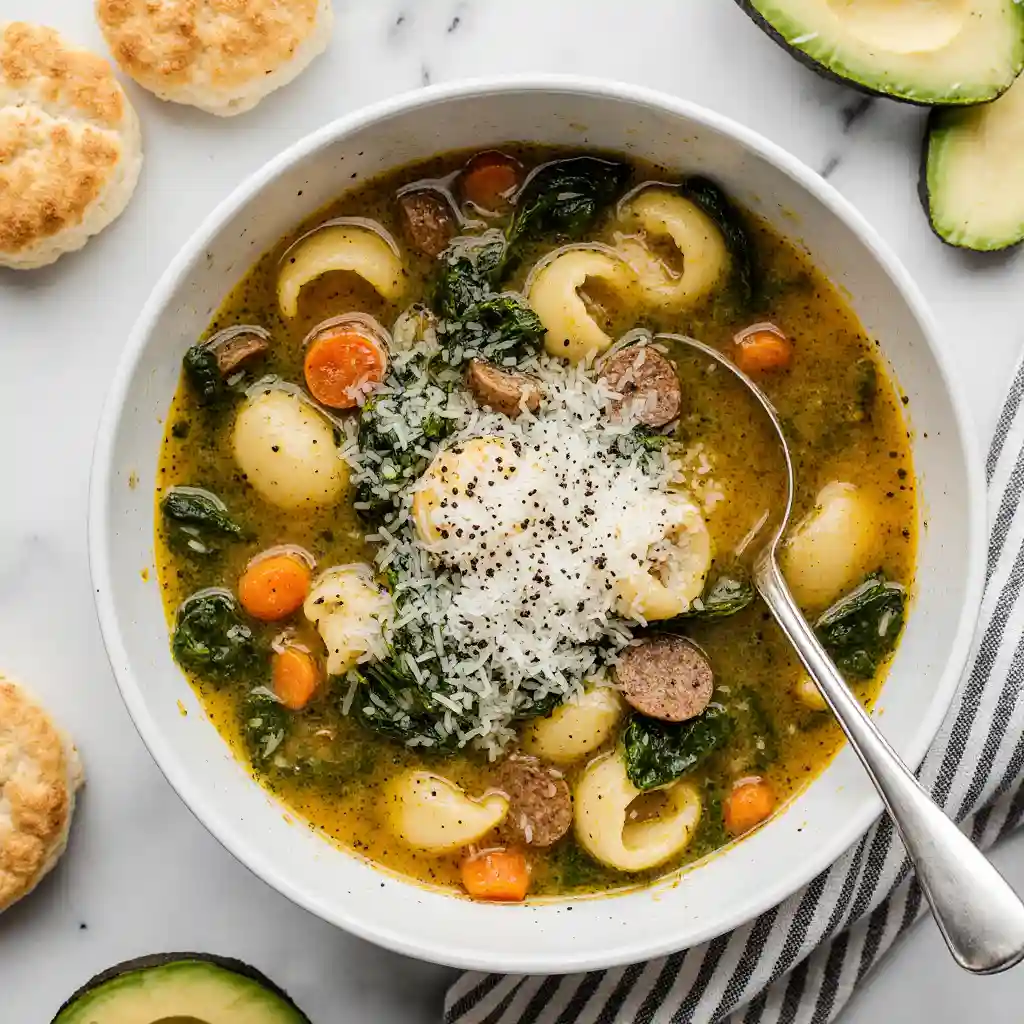 Bowl of spinach tortellini soup with Italian sausage and Parmesan on marble background