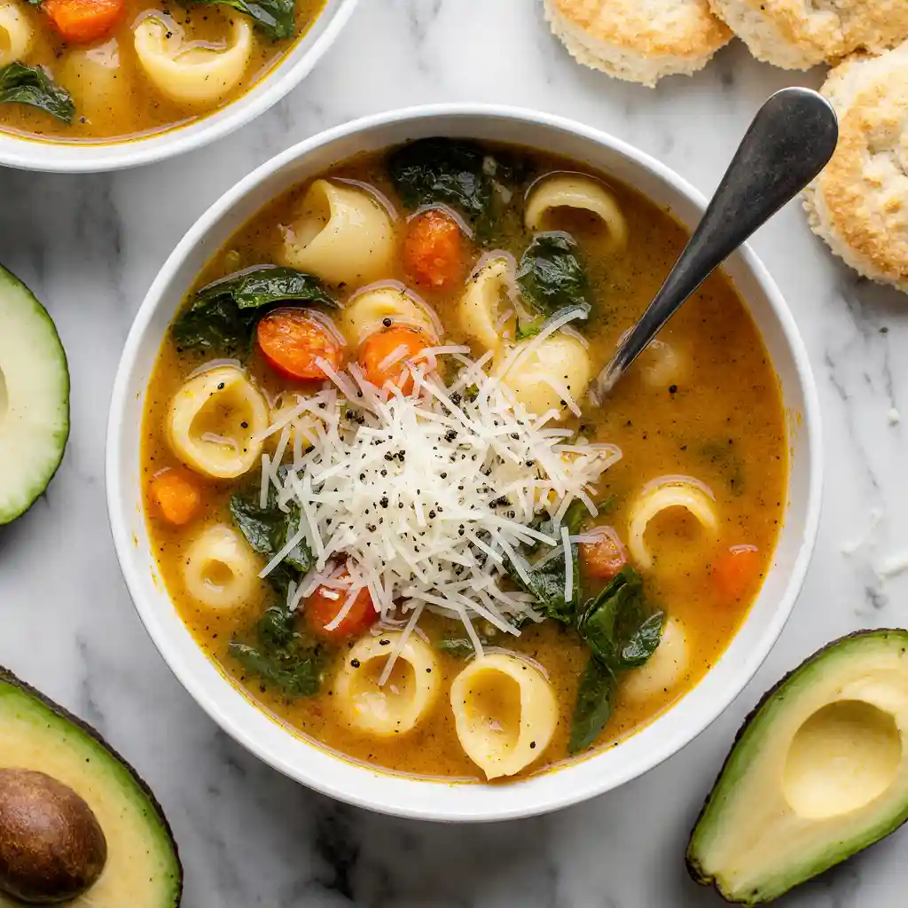 Bowl of vegetable tortellini soup with spinach and carrots in creamy broth