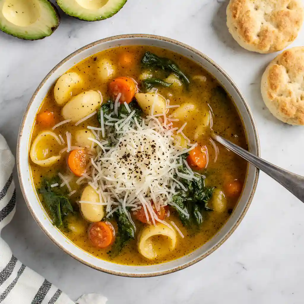 Bowl of vegetable tortellini soup with spinach and carrots in creamy broth