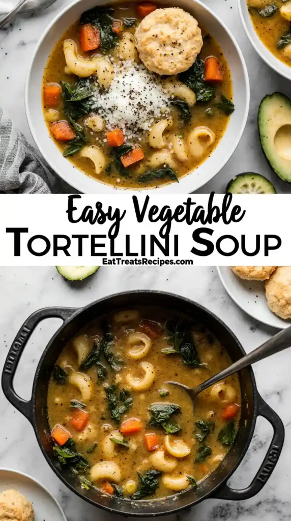 Cozy dinner scene with vegetable tortellini soup and bread