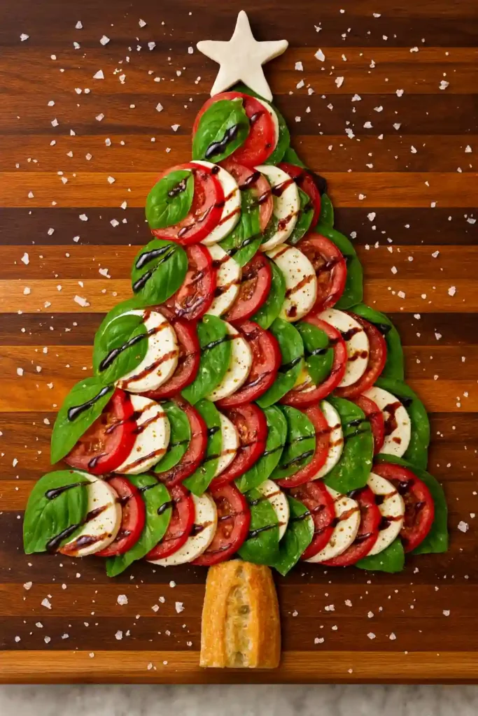 Festive Caprese salad arranged like a Christmas tree