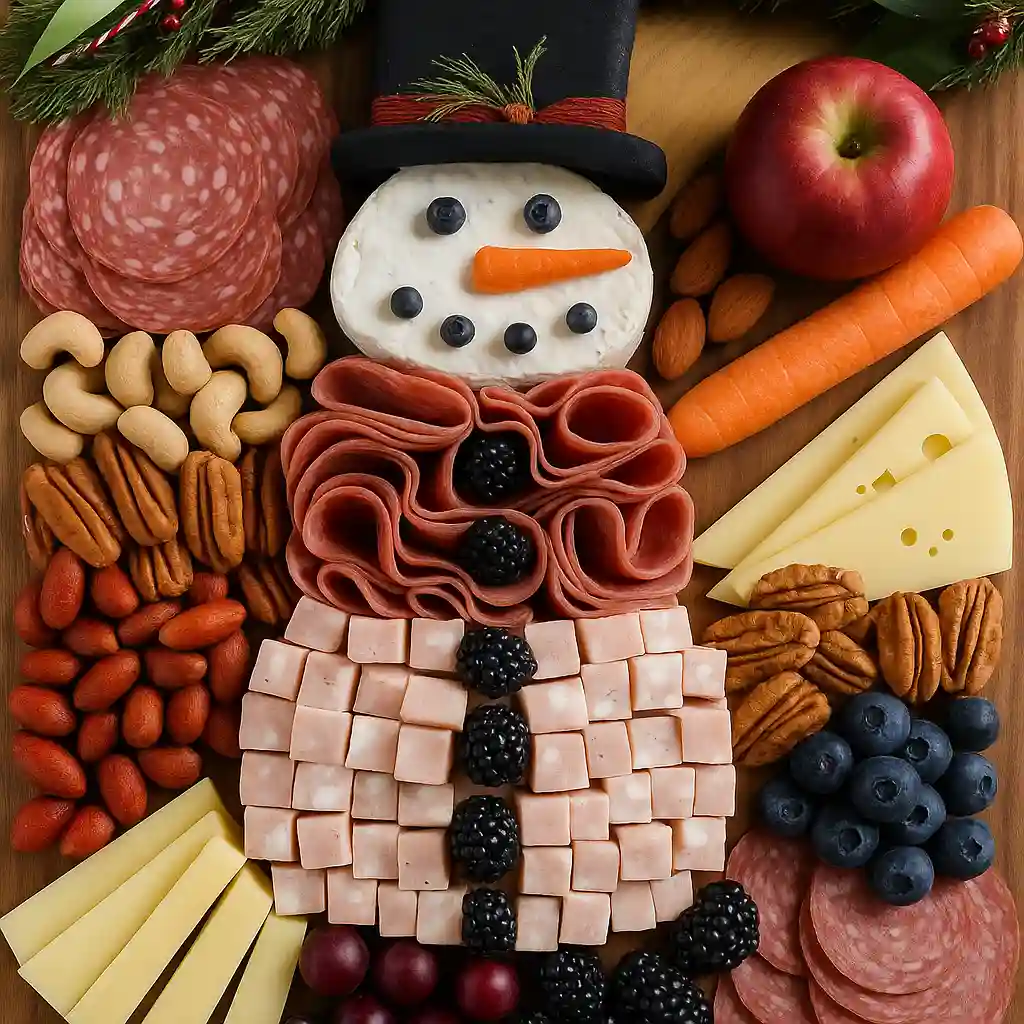 Festive snowman charcuterie board