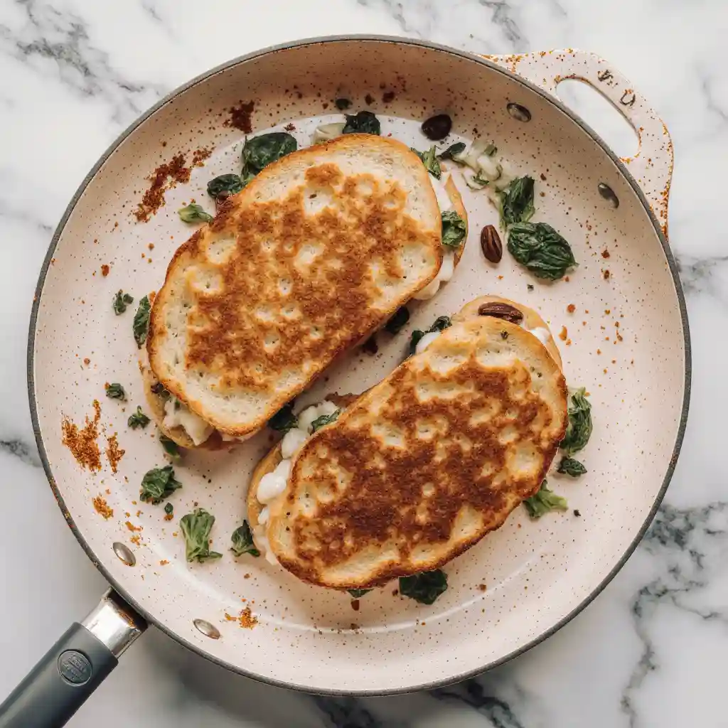 Feta grilled cheese sandwich with spinach on white marble