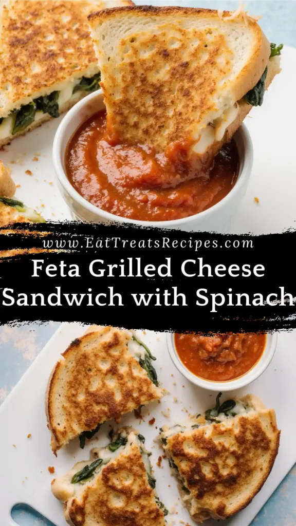 Feta grilled cheese sandwich with spinach on white marble