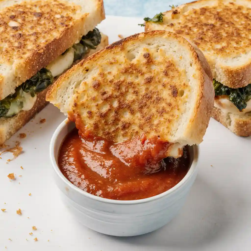 Feta grilled cheese sandwich with spinach on white marble