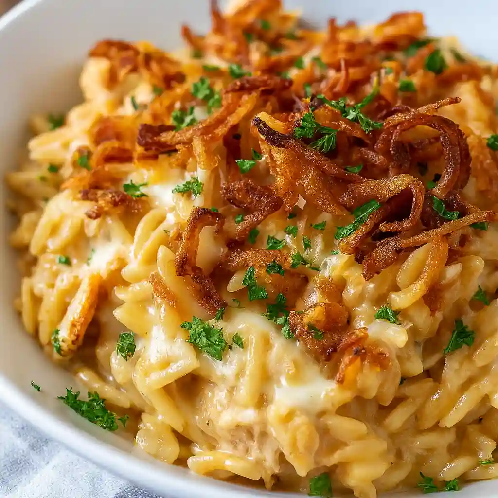 French Onion Chicken Orzo Casserole bubbling cheese on white marble